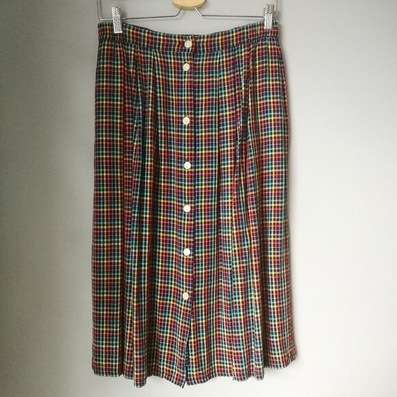 Vintage plaid button front long skirt partial elastic waist multicolour pockets - Picture 1 of 6